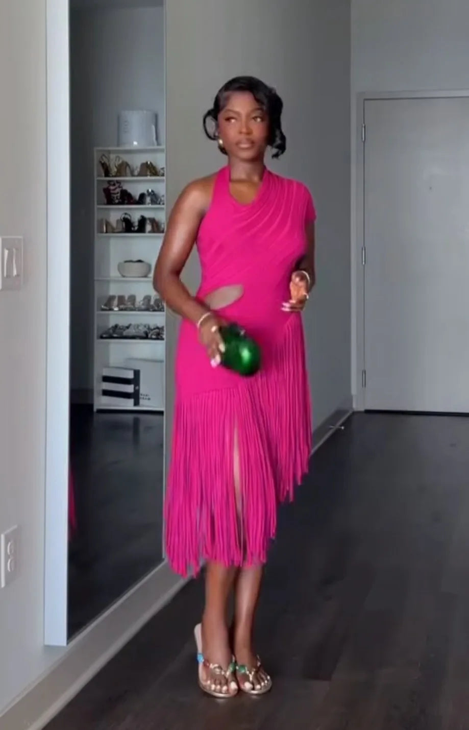 Robe Midi Asymétrique à Franges pour Femme Élégante, Été 2026, en Maille Côtelée Unie avec Découpes, Coupe Moulante, pour Soirée et Club