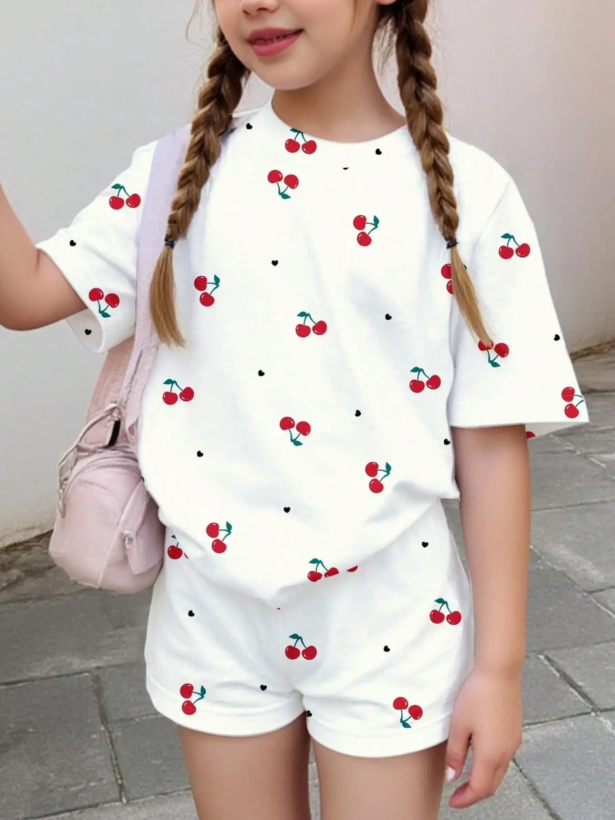 Ensemble imprimé motif cerise pour filles, haut blanc à manches courtes avec imprimé cerise + short, ensemble deux pièces, frais et tendance, adapté aux enfants de 4 à 12 ans, vêtements décontractés d'été pour la m