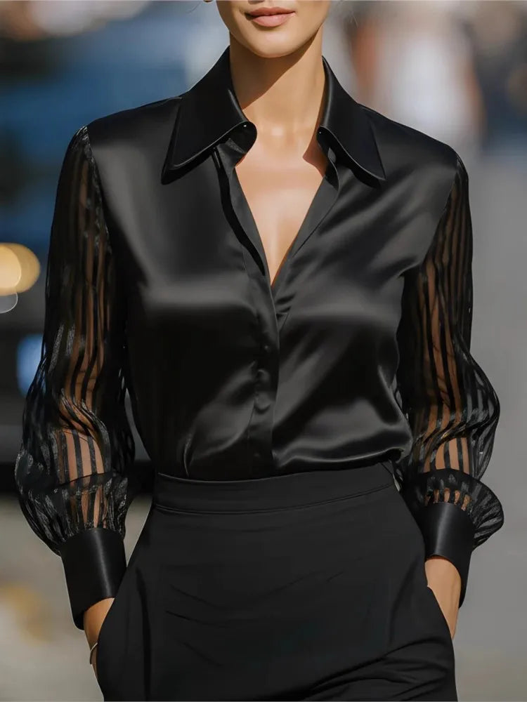 Haut de transport de tempérament pour femmes, nouvelle chemise Simple à manches longues, couleur unie, polyvalente, ample, revers en Satin, printemps et automne
