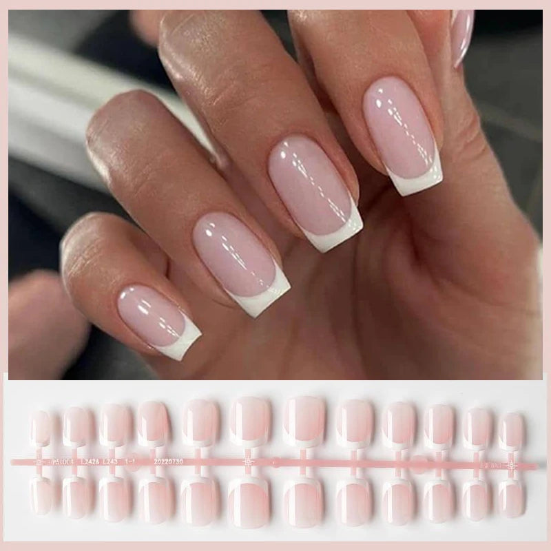 24 pièces/ensemble blanc français presse sur faux ongles couverture complète artificielle portable ongles conseils de beauté nu français blanc faux ongles Art