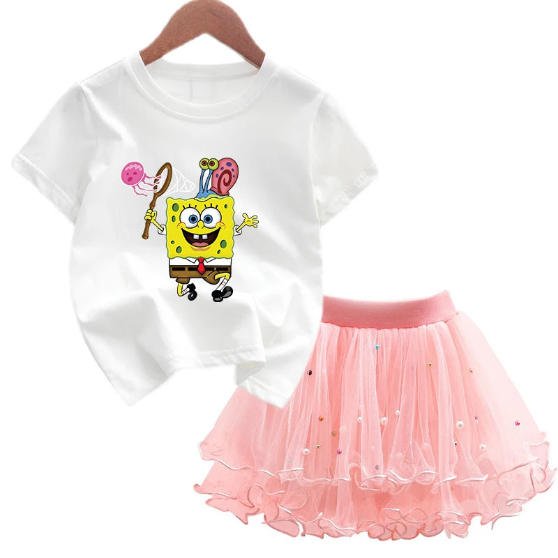 Robe Bob l'éponge pour filles, vêtements d'anniversaire pour enfants, robe de princesse de fête, T-shirt + jupe Tutu, cadeau de soirée d'été, 2 pièces/ensemble