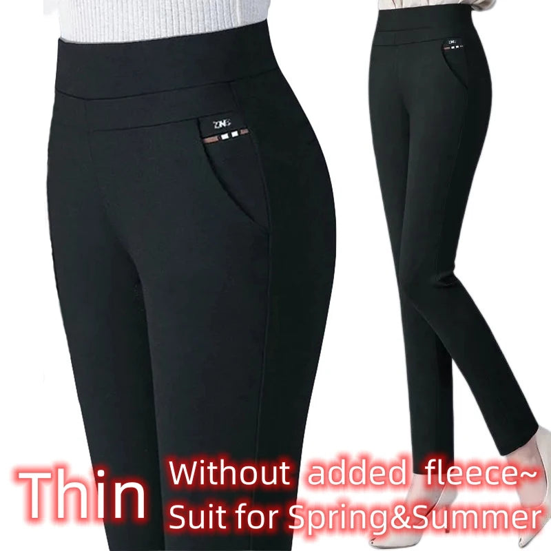 2025 automne hiver décontracté élégant bureau minceur couleur unie polaire épais mince femmes pantalon taille élastique serré crayon pantalon