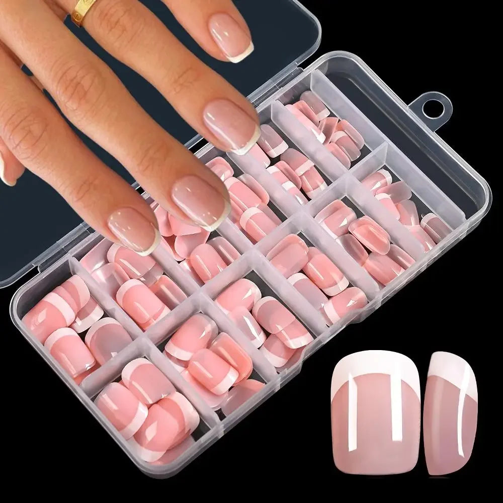 120 faux ongles courts carrés roses à la française, 12 tailles, couverture complète, à presser, portables, détachables, faux ongles finis