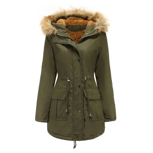 Veste d'hiver chaude pour femme, manteaux à col en fourrure, Parka longue et Slim en polaire, à capuche, 2026