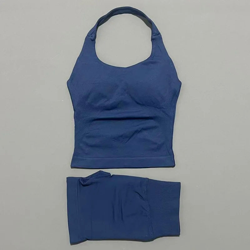 Ensemble de sport 2 pièces pour femme : débardeur long à bretelles rembourré et short de sport sans couture pour le yoga, le fitness et la course à pied