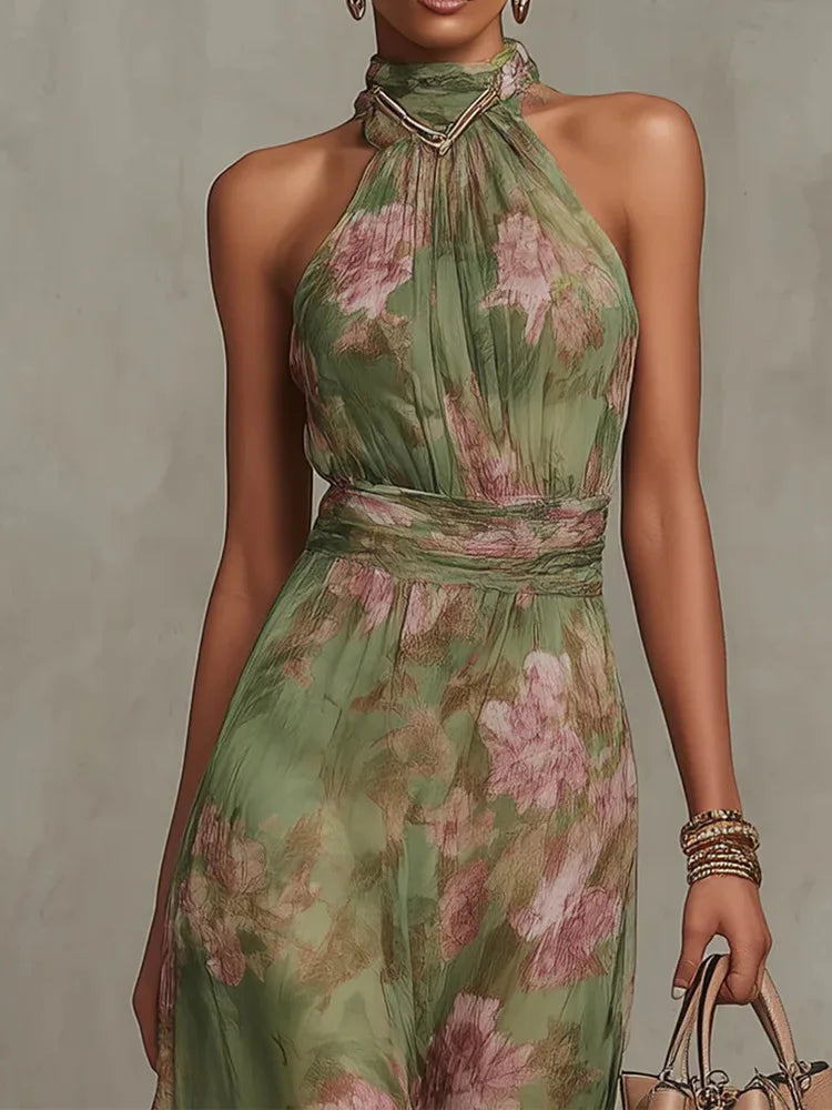 Robe de soirée fluide en mousseline de soie sans manches à col montant et taille froncée DFCF Fashion, nouvelle robe longue à imprimé floral et dos nu pour femme 2026