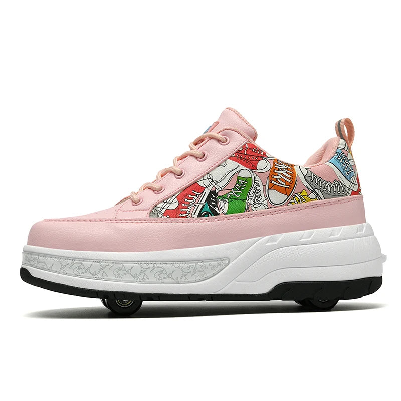 Chaussures de patinage à roulettes pour enfants, quatre roues durables et rétractables, à la mode, à lacets, pour divertissement en plein air, chaussures de sport pour enfants