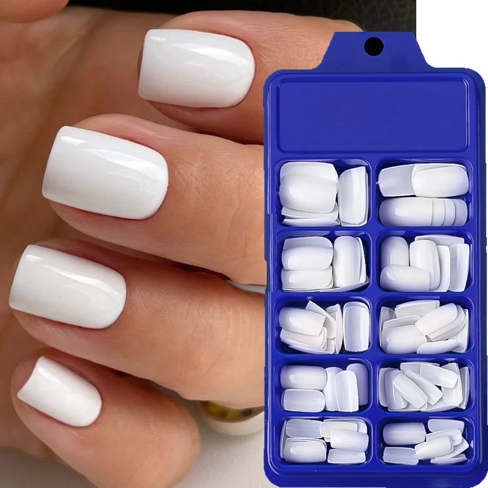 100 pièces blanc moyen carré faux ongles couverture complète acrylique artificiel faux ongles conseils femmes décoration des ongles 10 tailles presse sur les ongles