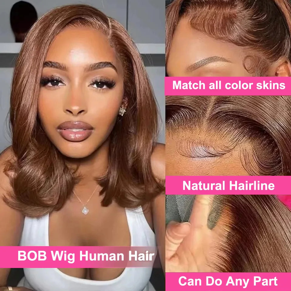 13X4 chocolat brun droite Bob perruque 4X4 soyeux droite HD dentelle frontale perruque naturel délié pré plumé cheveux humains 100% 16 pouces