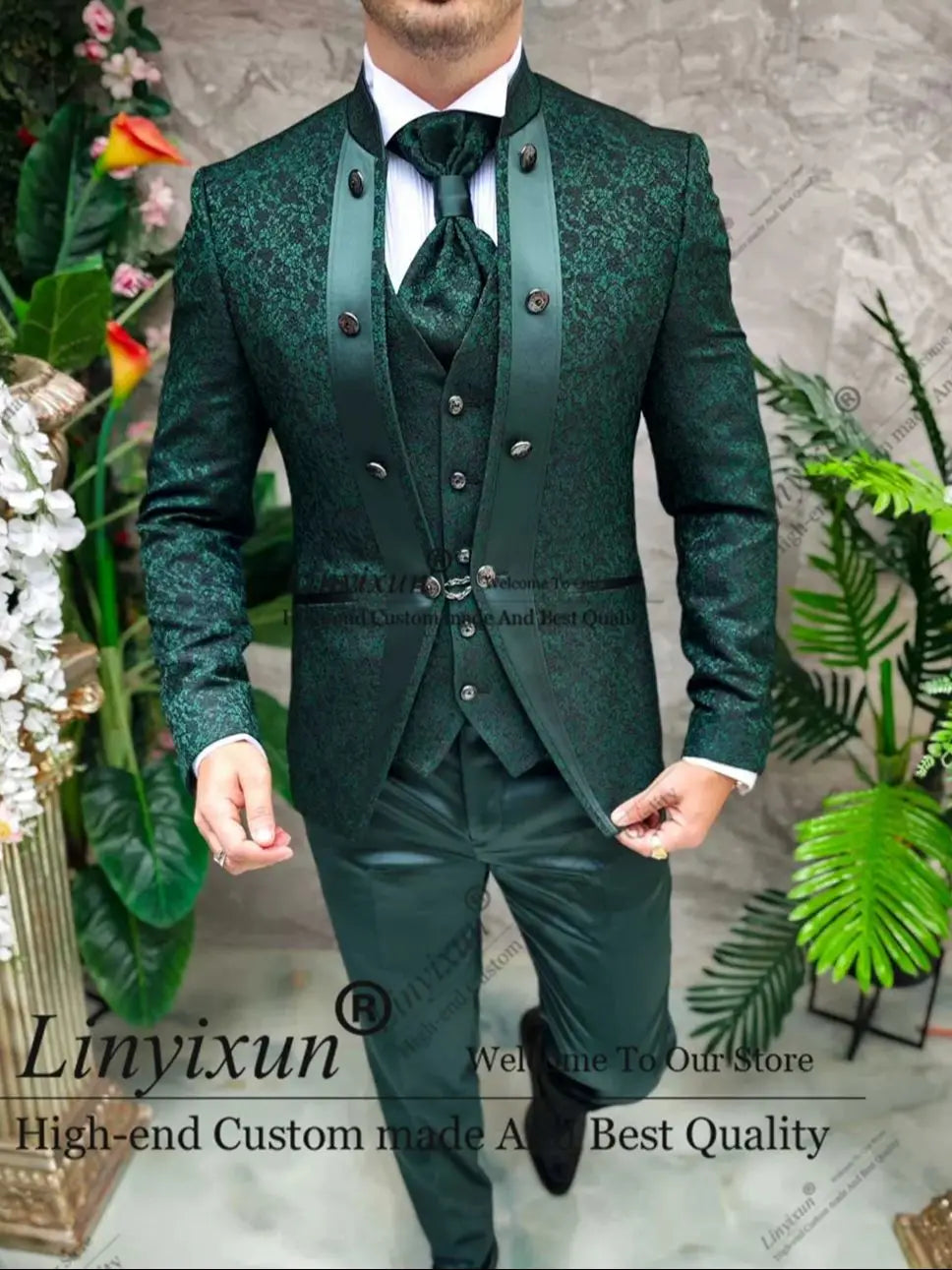 Costumes de Style italien pour hommes, ensemble de 3 pièces, blazer de dîner pour bal de promo, Tuxedos de marié en Jacquard personnalisés, Costume ajusté pour Homme