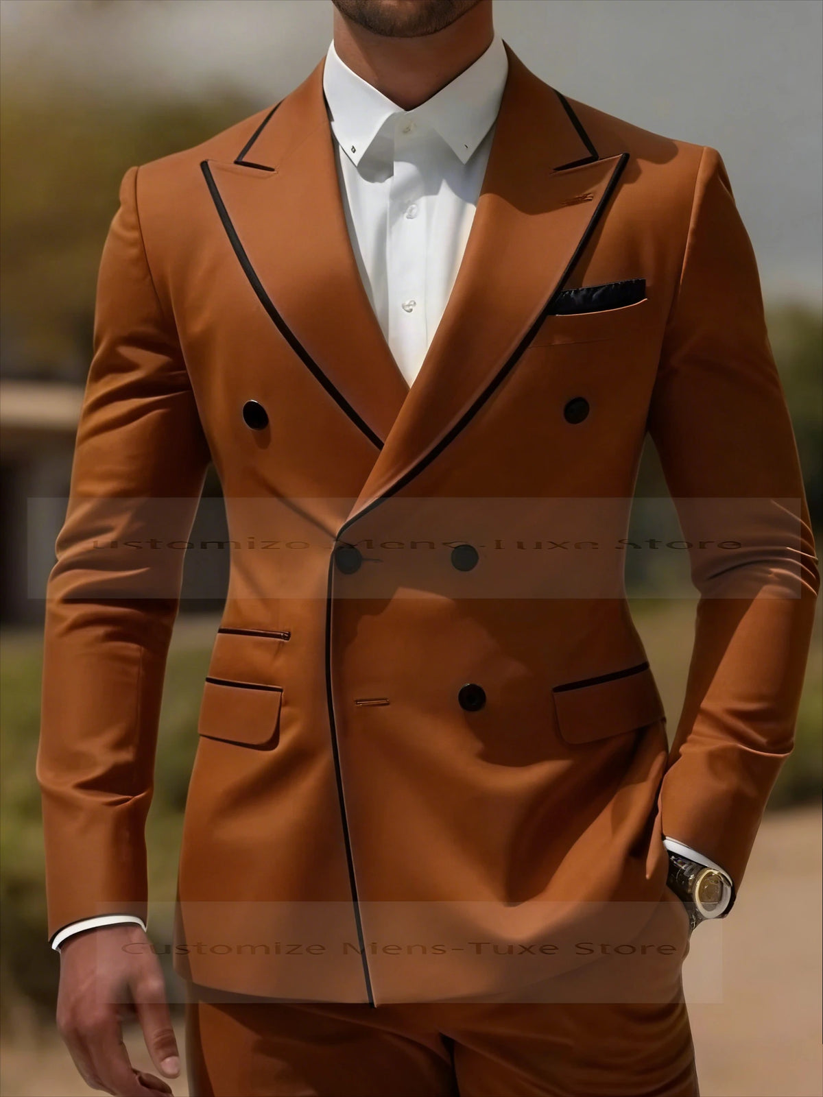 Col noir Orange homme d'affaires hommes costume marié Groomsman fête de mariage bal formel Tuxedos 2 pièces ensemble Blazer pantalon