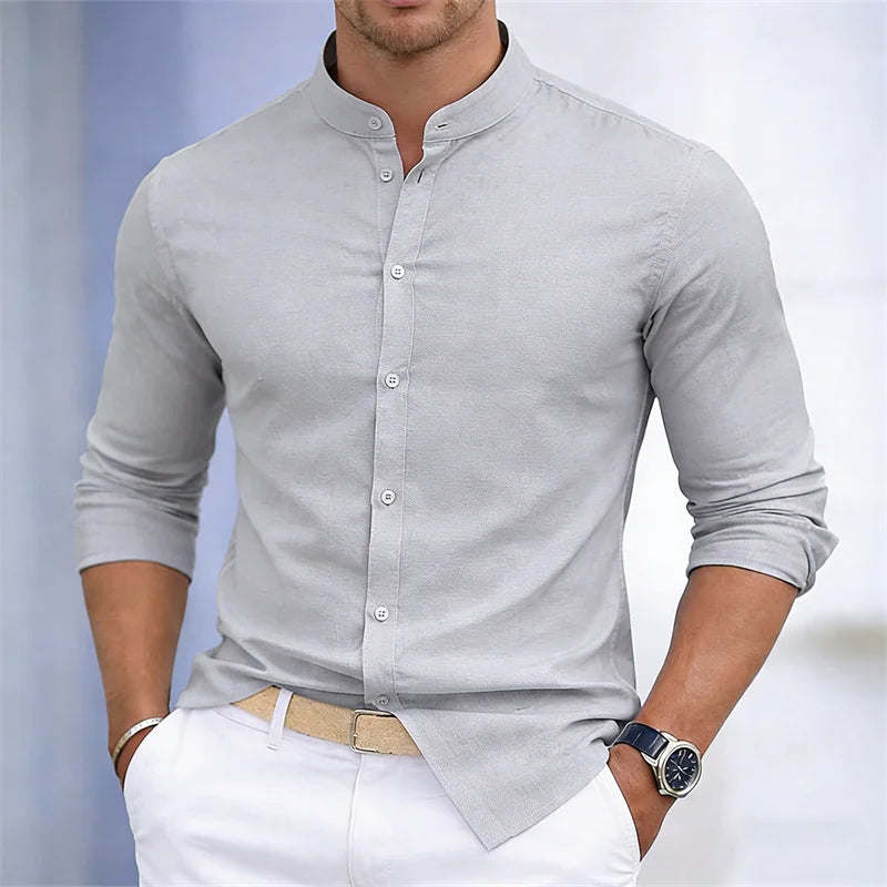 Chemise à manches longues pour homme, col montant, blanche ou noire, couleur unie, coupe ajustée, style business casual, tailles XS-6XL.