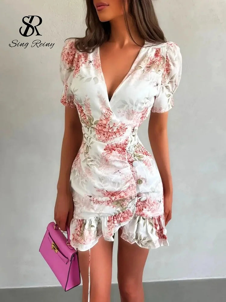 Robe Courte Élégante SINGREINY à Imprimé Floral pour Femme, Col en V, Manches Courtes, Volants, Robe d'Été Tendance 2026 pour Vacances