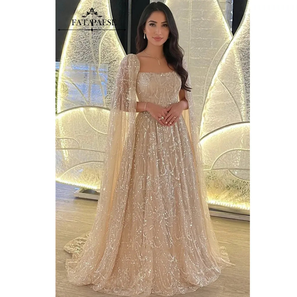 FATAPAESE luxe perles paillettes Cape robes de soirée Champagne une ligne Tulle robe d'invité de mariage pour arabe dubaï saoudien