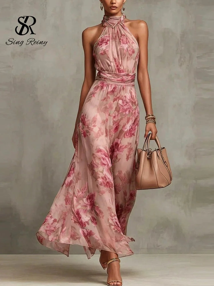 Robe longue élégante SINGREINY en mousseline de soie verte à motif floral, style licou, sans manches, coupe trapèze, tendance 2026, pour femme, idéale pour les invitées de mariage ou les soirées.