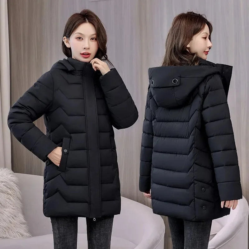 Manteau long et fin matelassé en coton pour femme, chaud, nouvelle collection hiver 2026, avec capuche amovible, parka grande taille pour femme