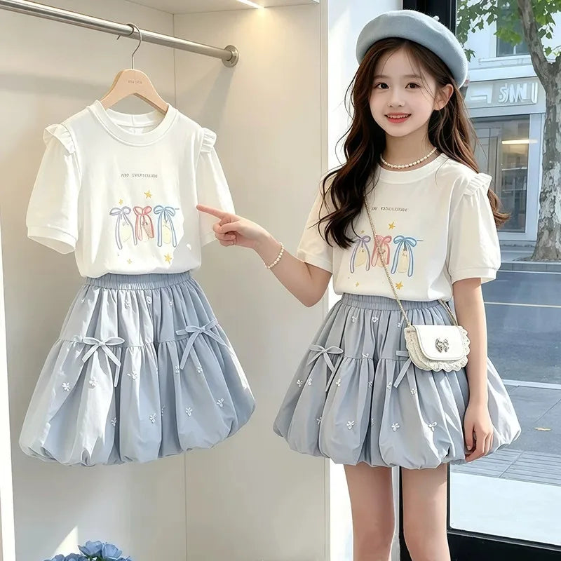 Ensemble 2 pièces été 2026 pour filles, tenue enfant adolescente, t-shirt ample à manches courtes avec nœud + jupe tutu, pour 4, 5, 8, 9, 10, 11, 12 ans