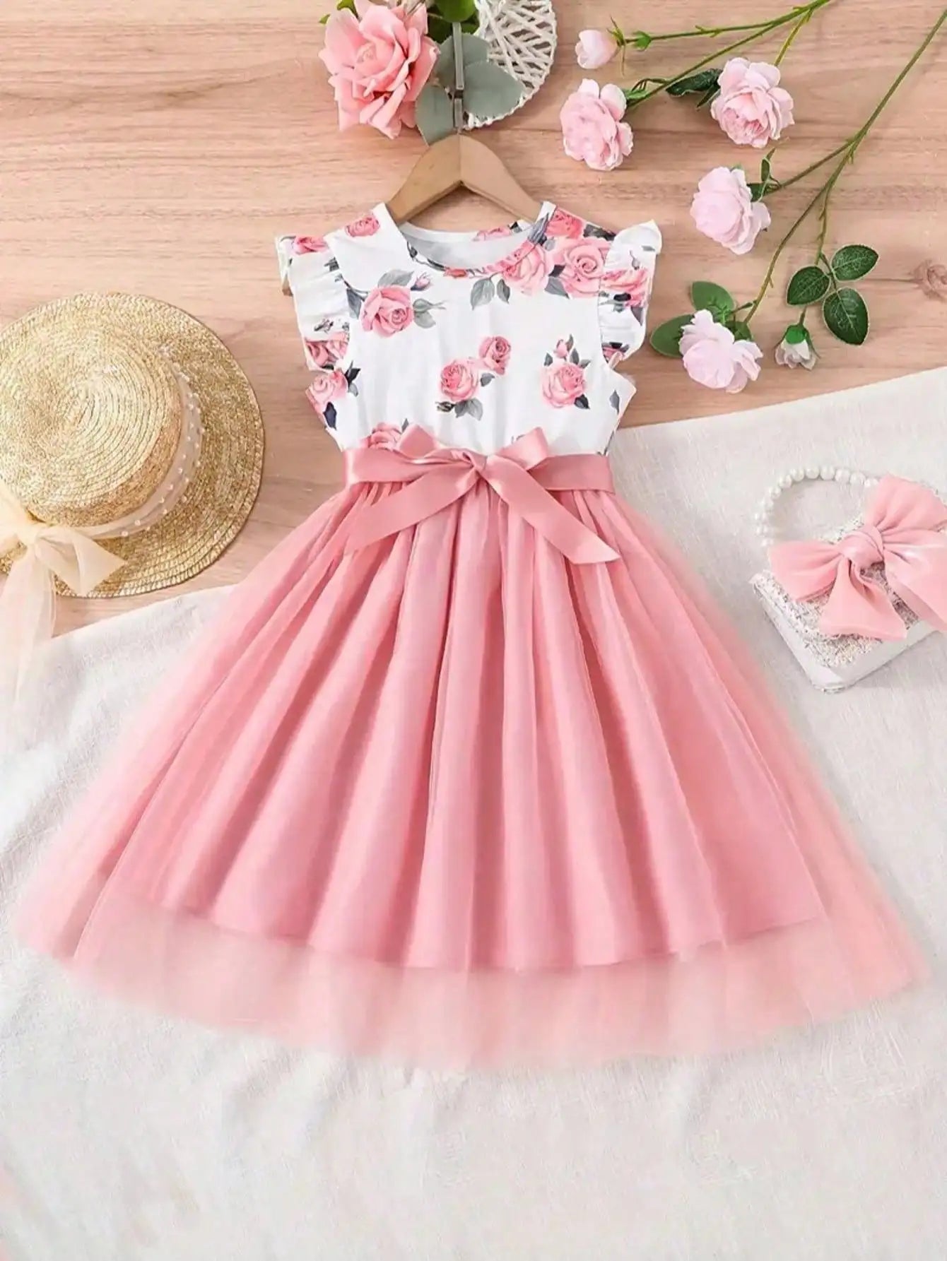 Robe décontractée à manches courtes pour fille, motif floral patchwork, couleur unie, col rond, cadeau d'été