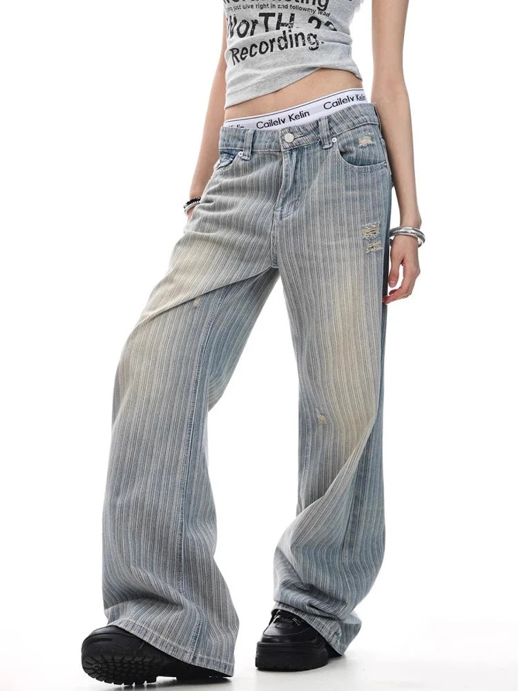 Jean en Denim détresse rayé drapeau américain Vintage, coupe ample, pantalon Micro évasé pour hommes et femmes, Style décontracté