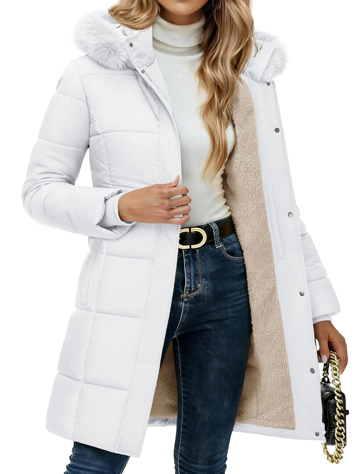 Manteau d'hiver pour femme TACVASEN, doublé en sherpa, coupe-vent, mi-long, matelassé, chaud, avec capuche en fourrure amovible