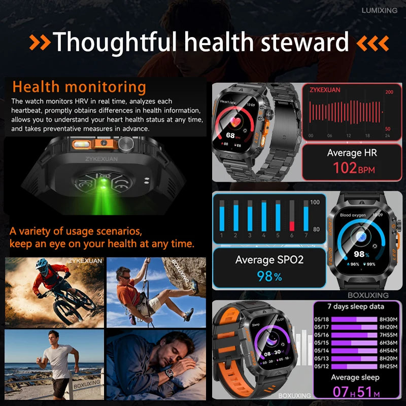 Nouvelle montre connectée militaire 2026 pour hommes, batterie 1200 mAh, étanche 5ATM, suivi d'activité, santé, fréquence cardiaque, compatible iOS et Android