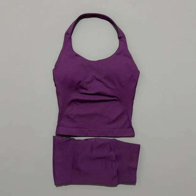 Ensemble de sport 2 pièces pour femme : débardeur long à bretelles rembourré et short de sport sans couture pour le yoga, le fitness et la course à pied