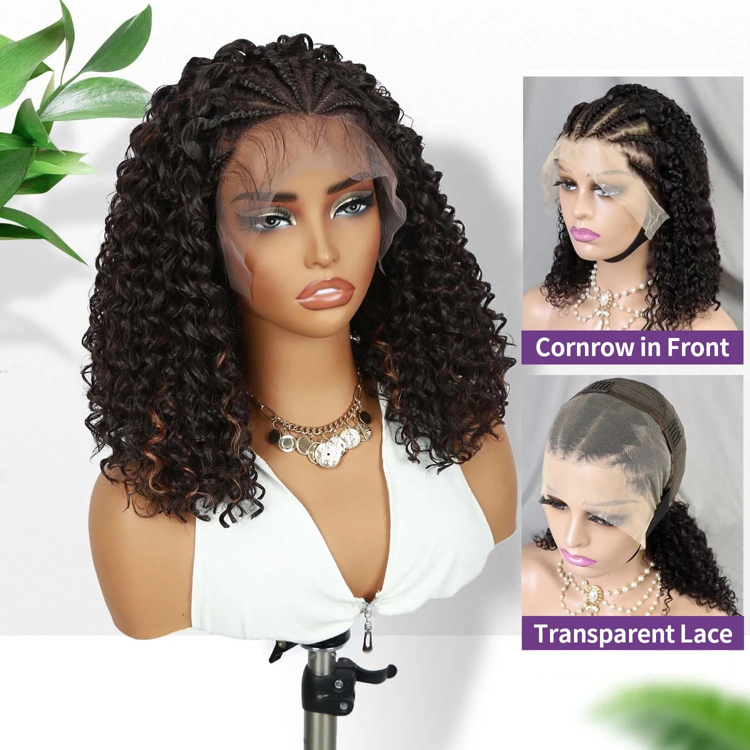 Perruque Bob tressée style cornrow, cheveux humains brésiliens bouclés profonds, sans nœuds, perruque complète en dentelle 13x4, pré-tressée, style boho box braids pour femmes