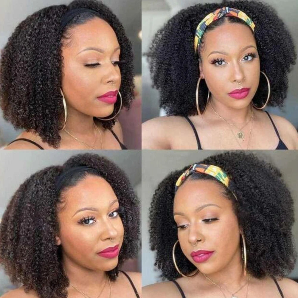 Perruque bandeau 180% de densité, cheveux humains afro crépus bouclés, sans colle, entièrement fabriquée à la machine, cheveux brésiliens Remy 100% humains pour femmes