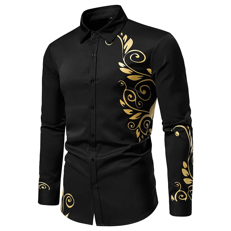 Chemise à imprimé doré pour homme, chemise décontractée à manches longues, vêtements pour homme, confortable et tendance, parfaite pour un usage quotidien