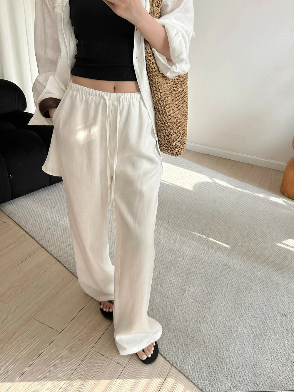Pantalon large en lin décontracté, coupe droite, blanc, avec cordon de serrage, style coréen, été 2026