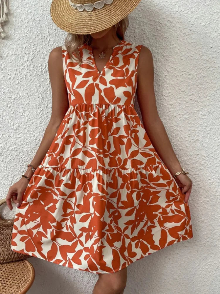 Femmes Boho imprimé Mini robe été élégant sans manches col en V à volants une ligne débardeur décontracté ample surdimensionné plage fête robe d'été