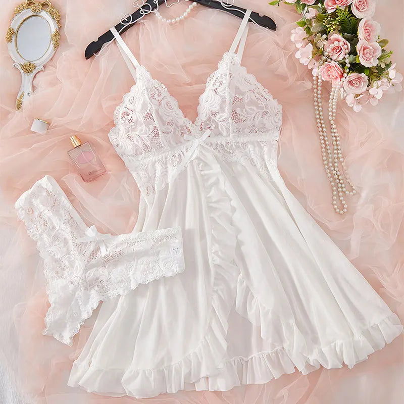 Ensemble de lingerie féminine S-2XL en dentelle, comprenant une nuisette à bretelles spaghetti et col en V, des culottes transparentes et un kit de pyjama intime