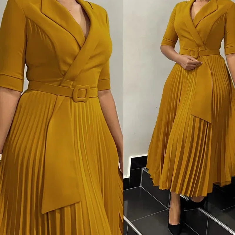 Robe de bureau plissée pour femmes, vêtements d'été élégants, col cranté, demi-manches, ceinture, taille moyenne, nouvelle collection