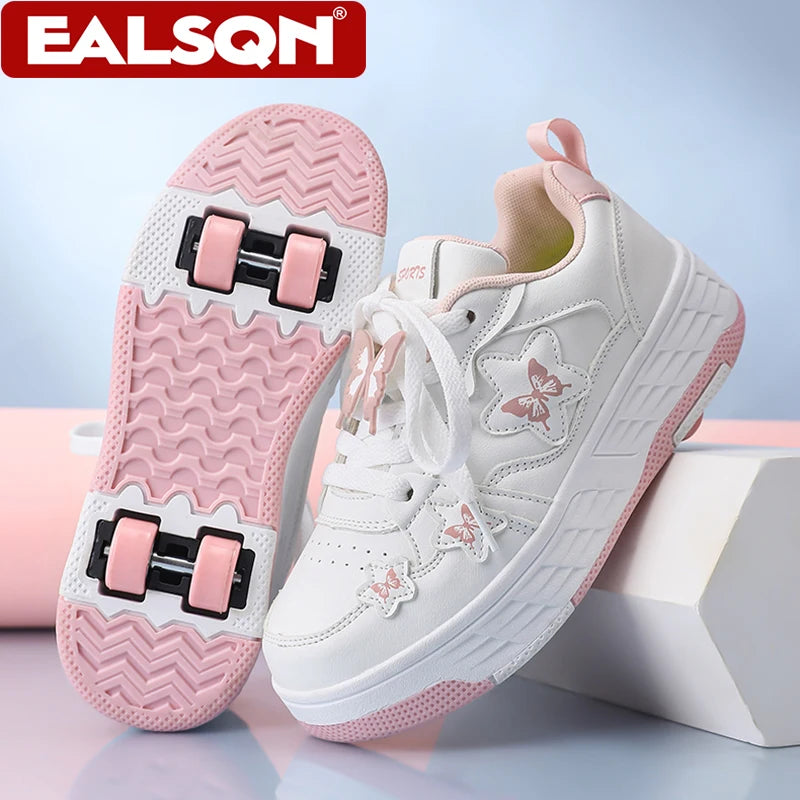 Chaussures de marche à 4 roues avec motifs papillons, baskets de sport d'extérieur pour enfants, rollers pour adolescents et filles, divertissement