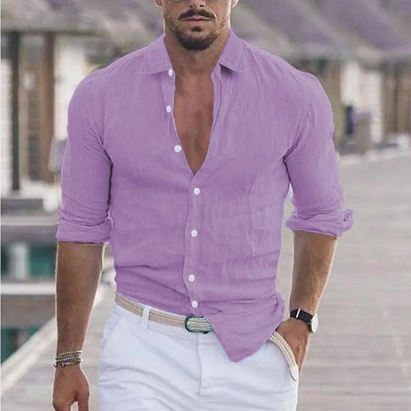 Chemisier hommes nouvel été coton lin revers plage chemise col rabattu à manches longues couleur unie vacances blusas camisas YRW5899