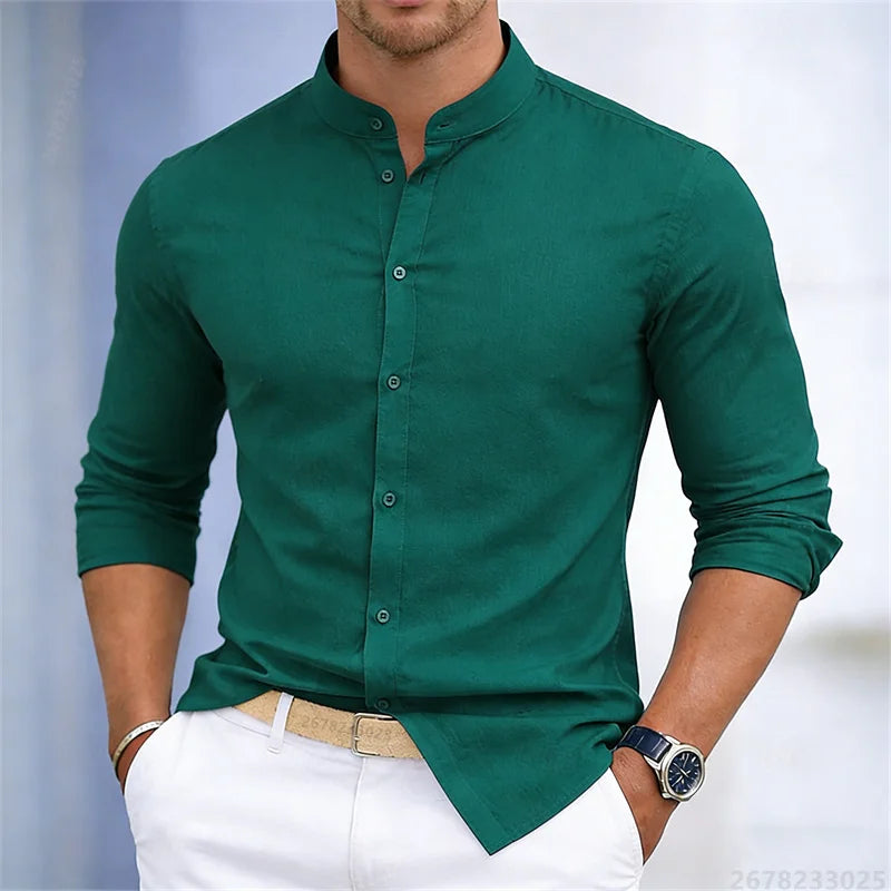 Chemise à manches longues pour homme, col montant, blanche ou noire, couleur unie, coupe ajustée, style business casual, tailles XS-6XL.