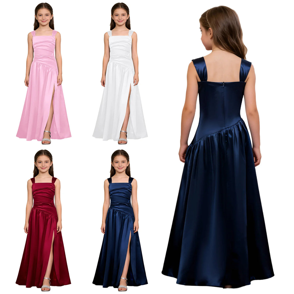 Robes de Demoiselle d'Honneur Élégantes pour Filles, Robe de Soirée de Mariage pour Enfants, Robe en Satin sans Manches avec Fente Latérale Coupe A-line, Robes de Mariage et d'Anniversaire