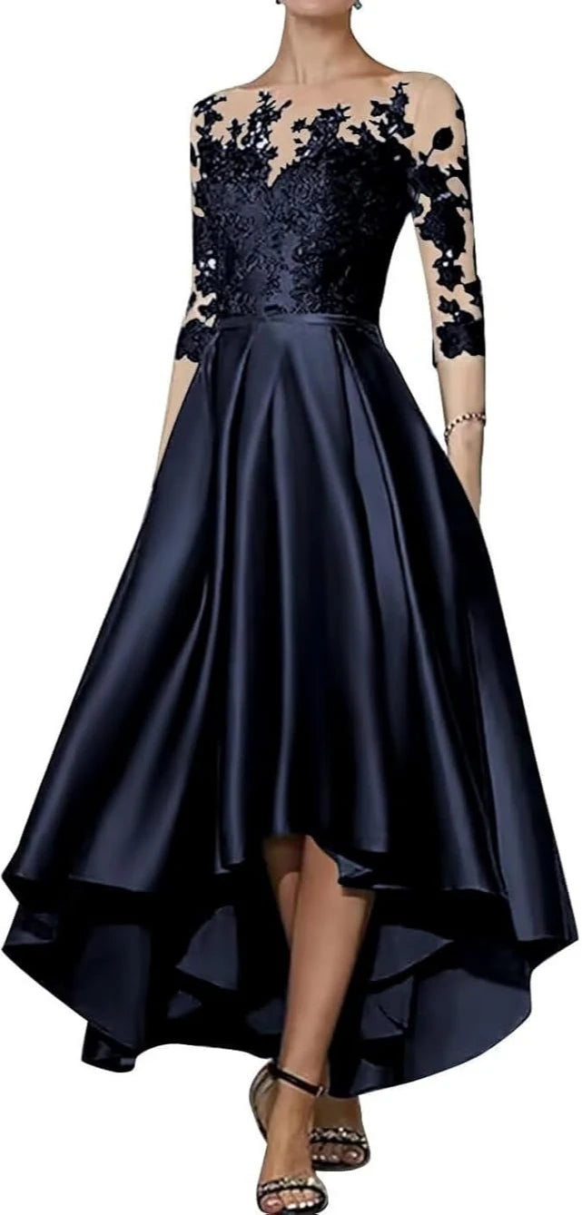 Robe en satin à col en V pour mère de la mariée, robe trapèze élégante longueur thé, devant court, dos long, invité de mariage