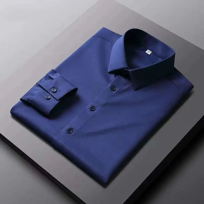 Chemise à manches longues pour hommes, couleur unie, décontractée et à la mode, haut d'affaires sans repassage et résistant aux rides