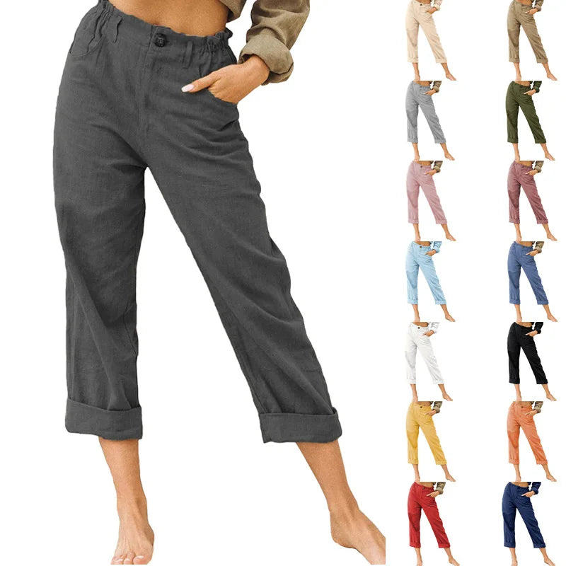 Pantalon court en lin mélangé style bohème 2026 pour femme, taille haute élastique, braguette boutonnée, ourlet retroussé, avec poches latérales