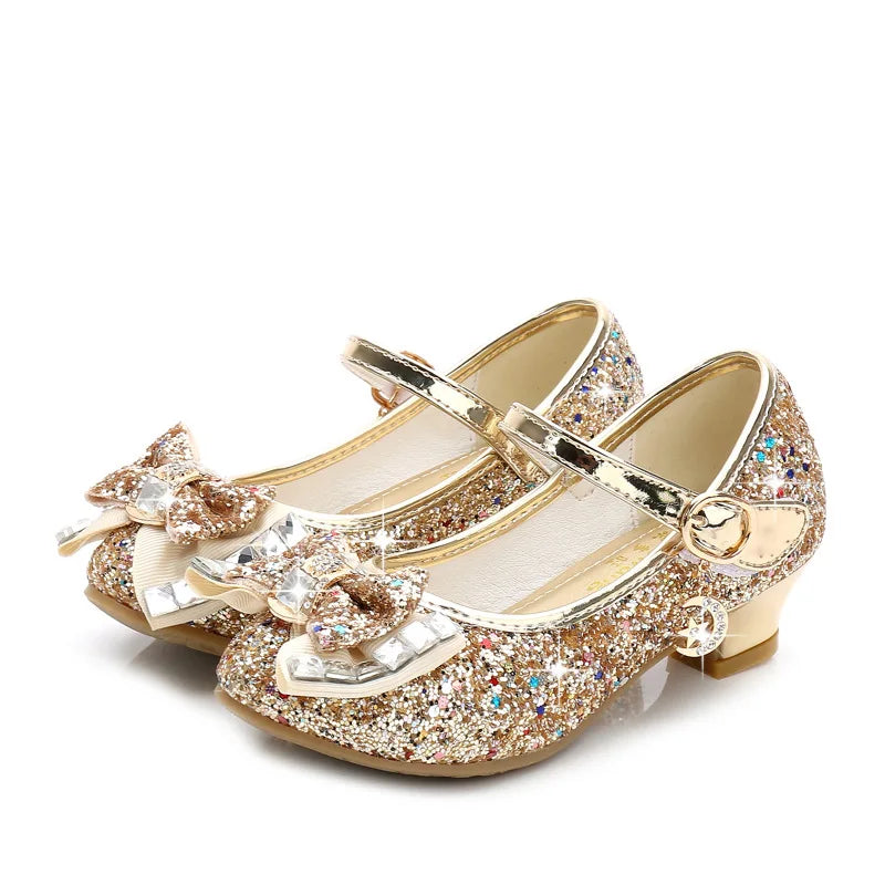 Chaussures princesse en cuir pour filles, chaussures à fleurs décontractées à paillettes, talons hauts, nœud papillon, bleu, rose, argent