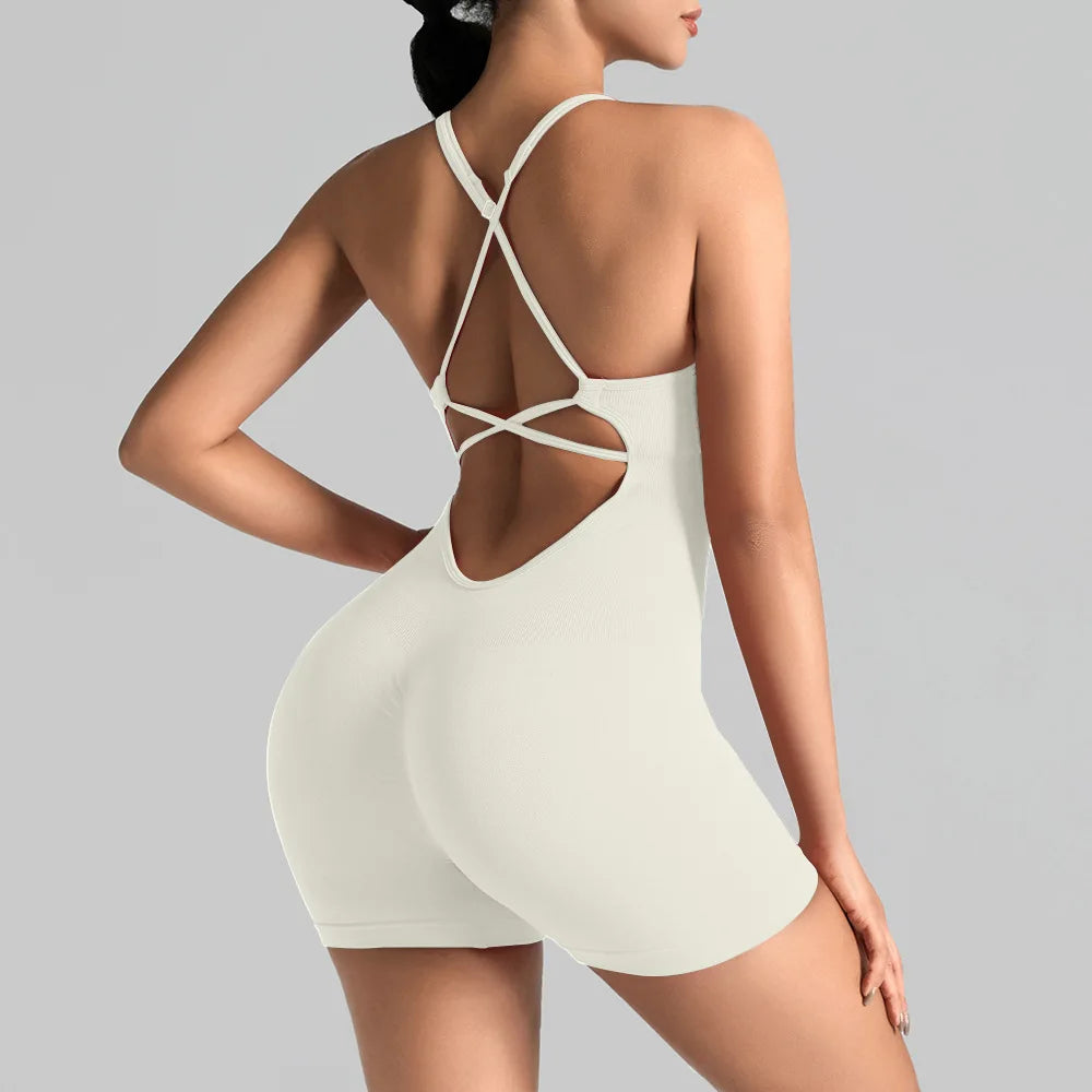 Ensemble de sport moulant sans couture une pièce avec legging de yoga et brassière dos nu sexy pour amincir les hanches et le fitness
