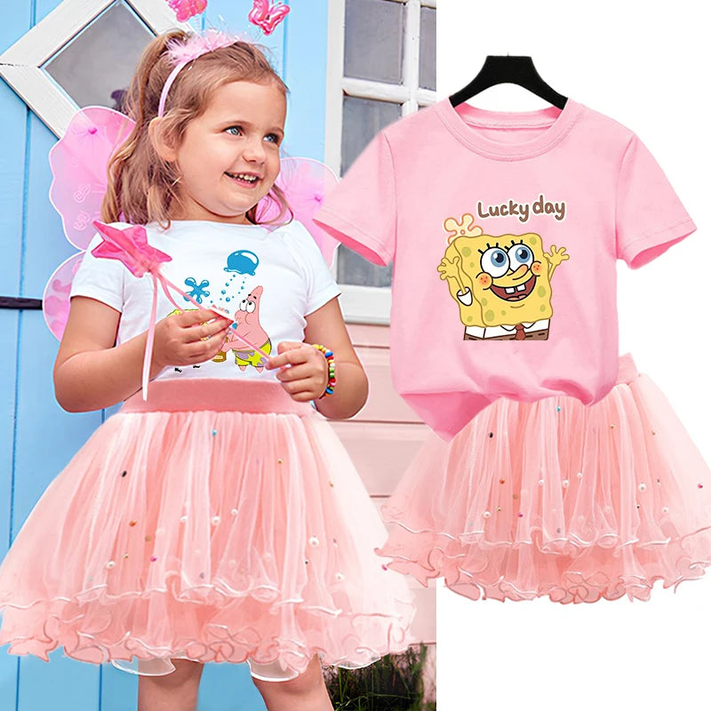 Robe Bob l'éponge pour filles, vêtements d'anniversaire pour enfants, robe de princesse de fête, T-shirt + jupe Tutu, cadeau de soirée d'été, 2 pièces/ensemble
