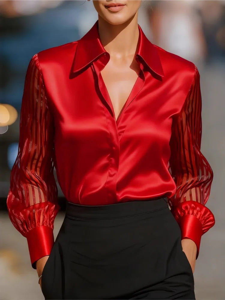 Haut de transport de tempérament pour femmes, nouvelle chemise Simple à manches longues, couleur unie, polyvalente, ample, revers en Satin, printemps et automne