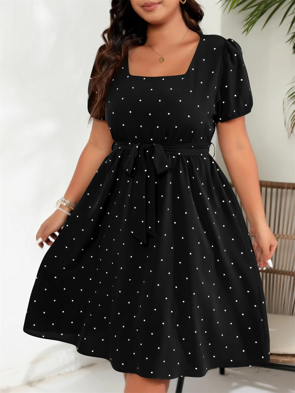 GIBSIE-Robe trapèze ceinturée à pois pour femme, grande taille, col carré, manches bouffantes, taille haute, élégante, rétro, été