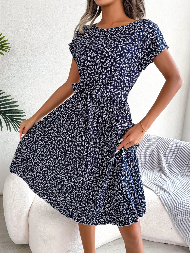 Gaun Berlipat Floral Wanita Midi Perban, Ruched Lengan, Pendek Leher-o Kasual Musim, Boho Chic A Line Pantai Wanita