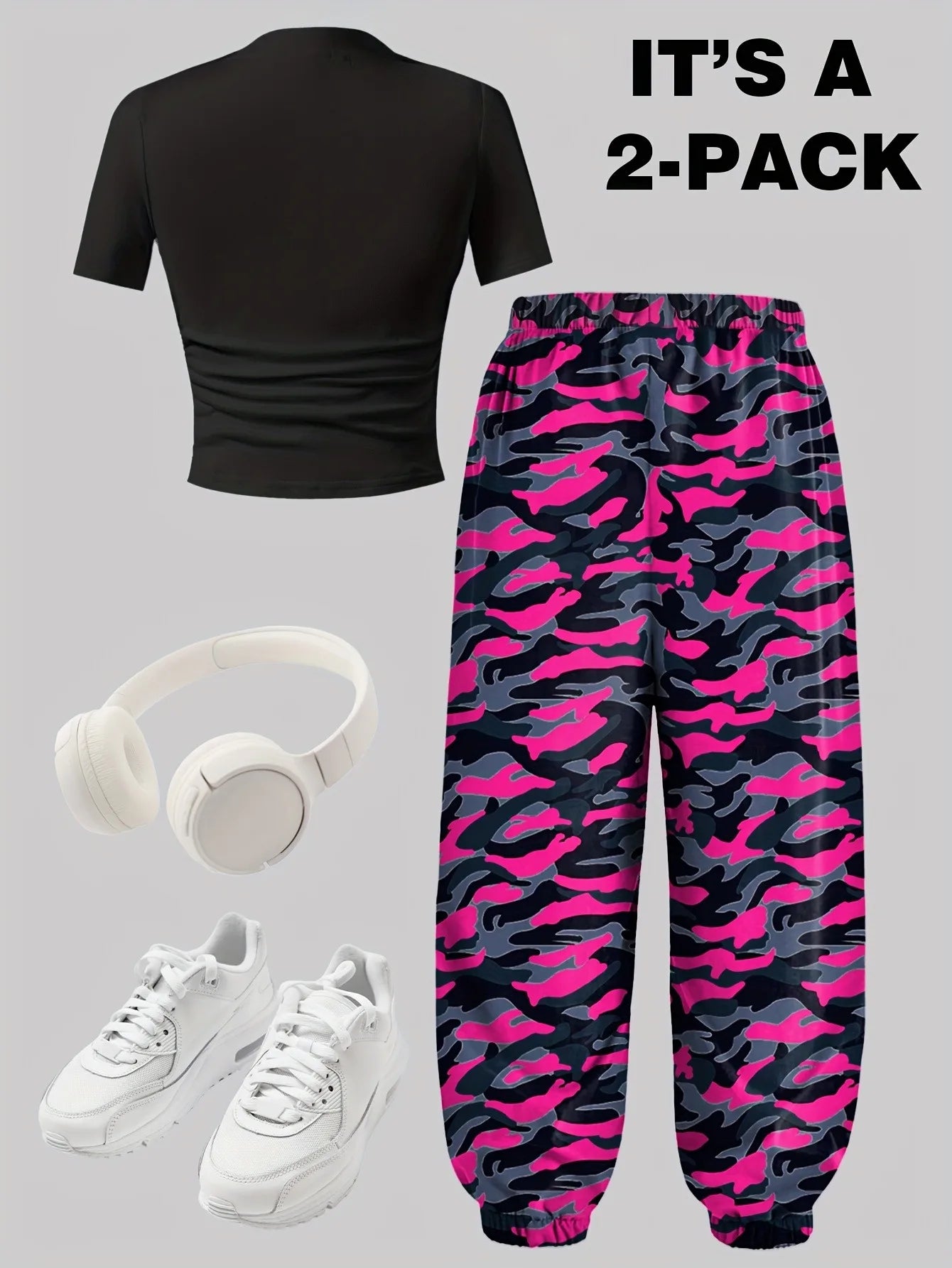 Ensemble 2 pièces pour filles, t-shirt court imprimé Racing et pantalon de jogging camouflage rose, tenue décontractée streetwear Y2K