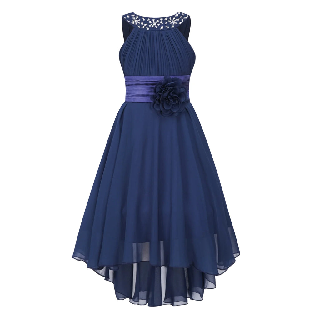 Robe de princesse à fleurs pour filles, robe formelle de demoiselle d'honneur junior, de fête de mariage, sans manches, froncée, jupe haute et basse en mousseline de soie, robes de bal