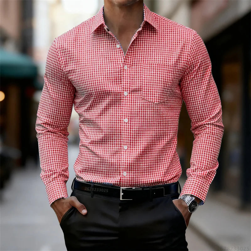 2025 Chemise à manches longues à carreaux fins bleu et blanc pour hommes d'affaires décontractée, coupe ajustée, chemise élégante pour hommes, disponible en 11 couleurs