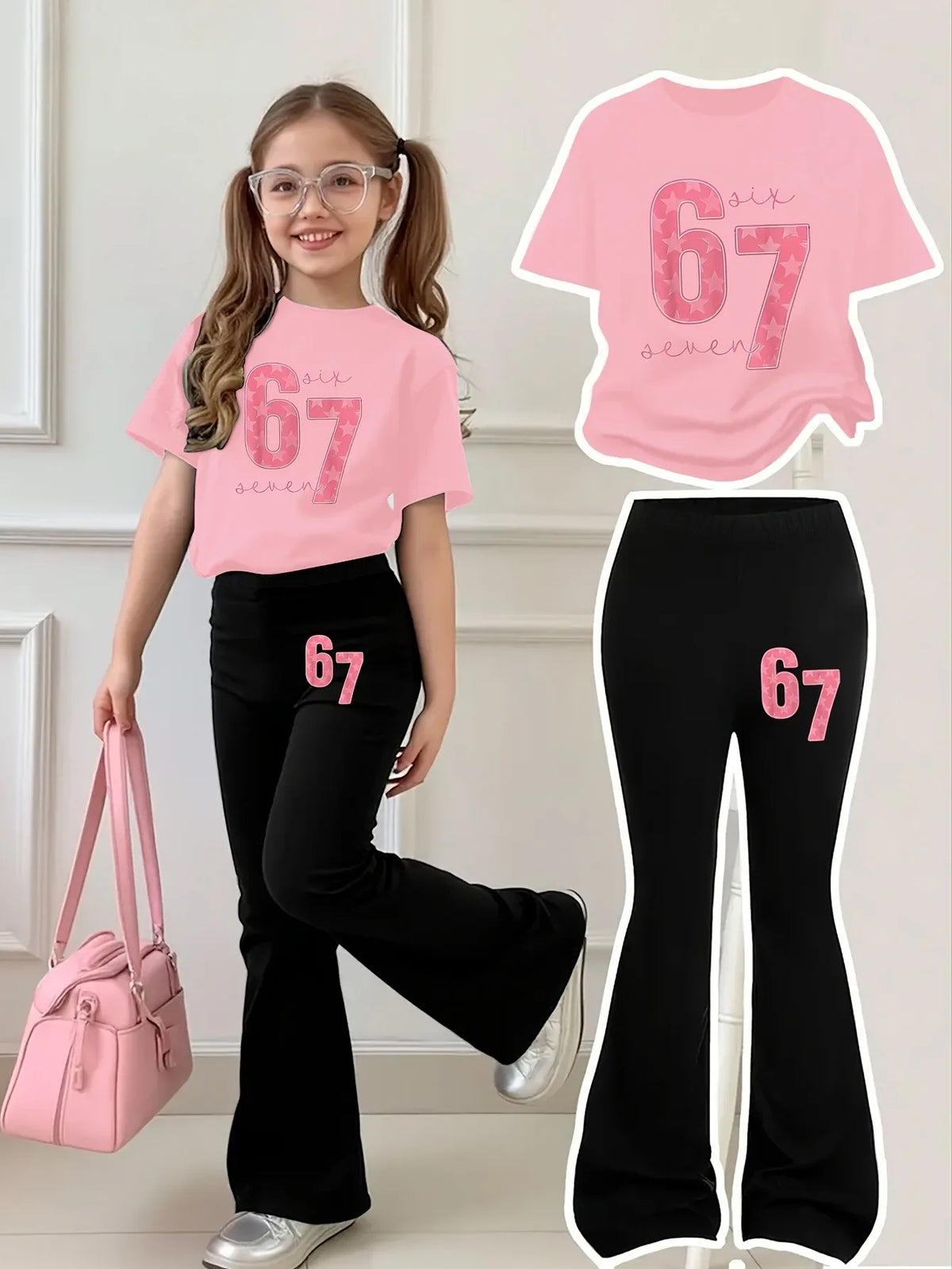 Ensemble 2 pièces pour filles, T-shirt à manches courtes et pantalon évasé, imprimé étoile rose numéro 67, ensemble streetwear décontracté pour enfants